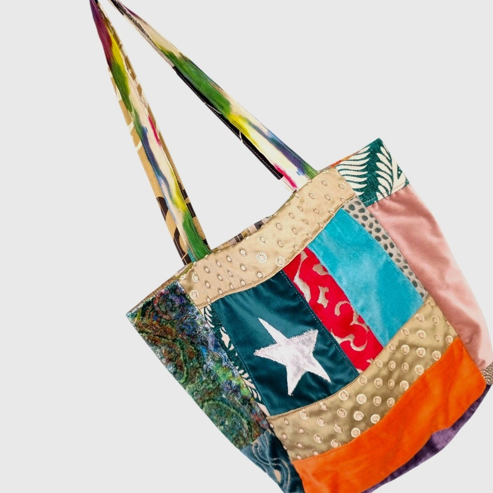 Handmade Patchwork Velvet Tote Bag Multicolor Star Applique Boho Eclectic Purse